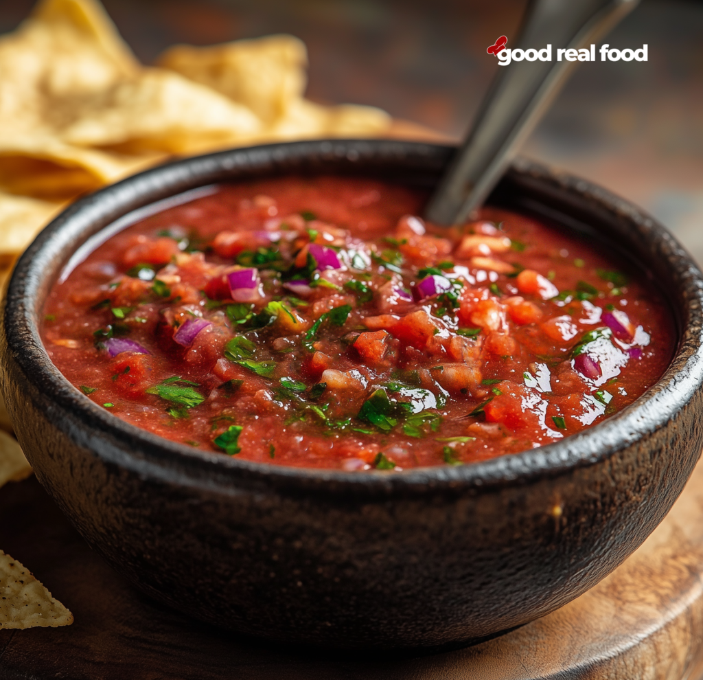 a bowl of homemade salsa served with tortilla chips.