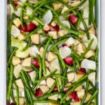 Sheet pan with green beans, onions, and red potatoes. Healthy Food, Real Food, Real Food Recipes, Healthy Food Recipes, Wholesome food, Wholesome food recipes, Whole Food, Whole Food Recipes, Realgood food, Realfooddaily Eat real, Good Real Food, Goodrealfood, sheet pan meals, one pan, sheet pan, one pan meals, roasted veggies, roasted potatoes, roasted green beans, roasted onions, sheet pan sausage, sausage ring recipes, one pan sausage, sheet pan sausage, sheet pan meals, easy meals, under 30, dinner ideas, main course