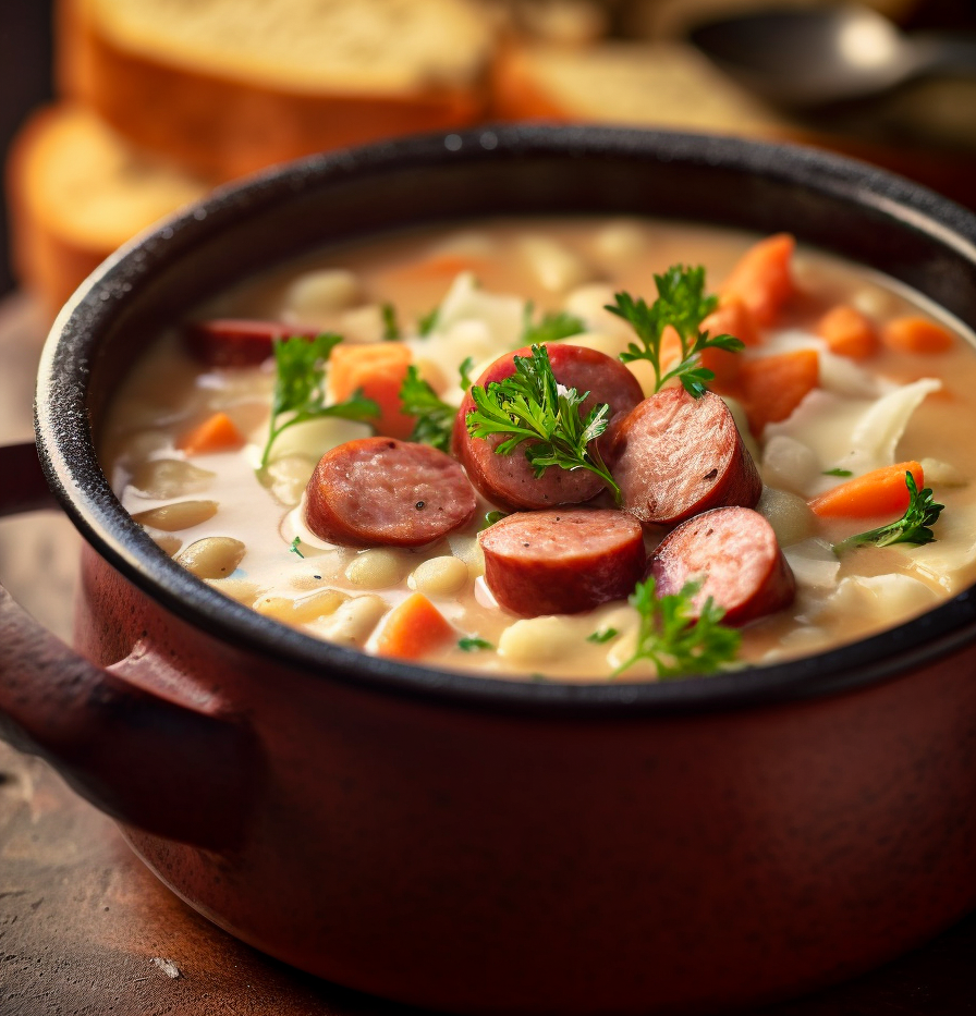 A rustic red bowl filled with creamy bean and kielbasa soup and garnished with fresh parsley.