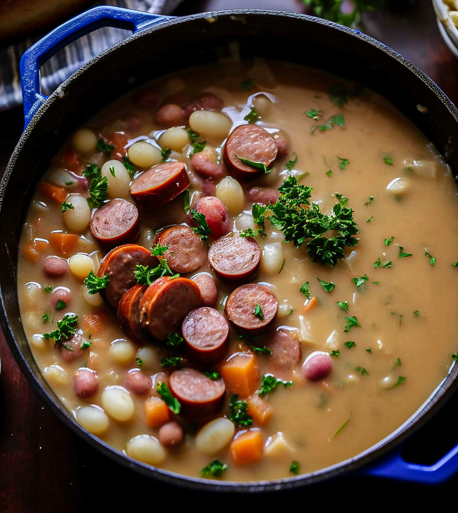 A large blue pot filled with creamy bean and kielbasa soup.  

Real Food, Wholesome food, Wholesome food recipes, Whole Food, Whole Food Recipes, Realgood food, Realfooddaily Eat real, Good Real Food, Goodrealfood, soup, creamy soup, hearty soup, kielbasa soup, bean soup, bean and kielbasa soup