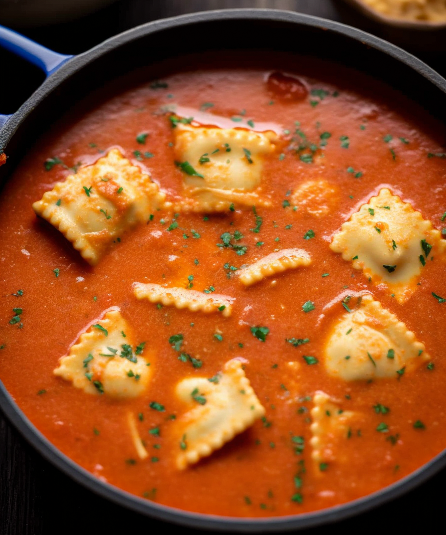 A large blue pot filled with hearty ravioli soup.