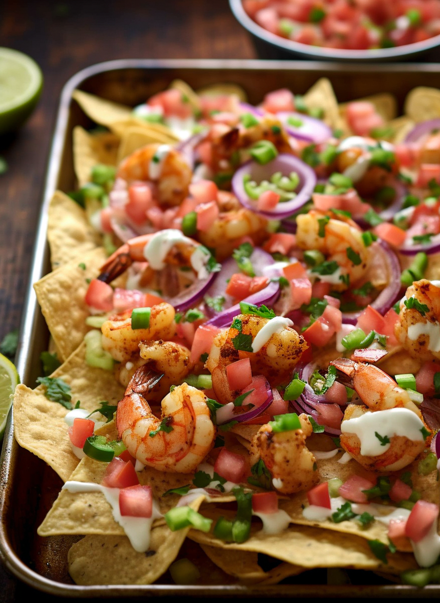A platter of shrimp nachos from the side.