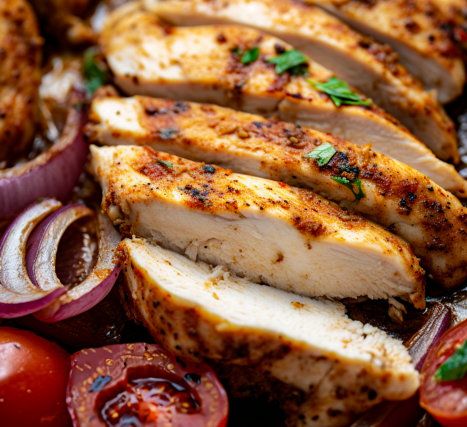 A close up image of roasted blackened chicken slices with roasted tomatoes and onions.