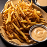 A platter of french fries with dipping sauce