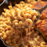 A spoon full of cream noodles over a skillet of creamy marry me chicken mac and cheese.