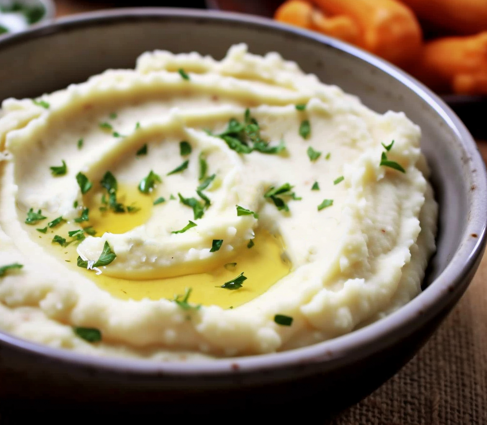 A bowl of mashed potatoes, covered in melted butter, from the side.