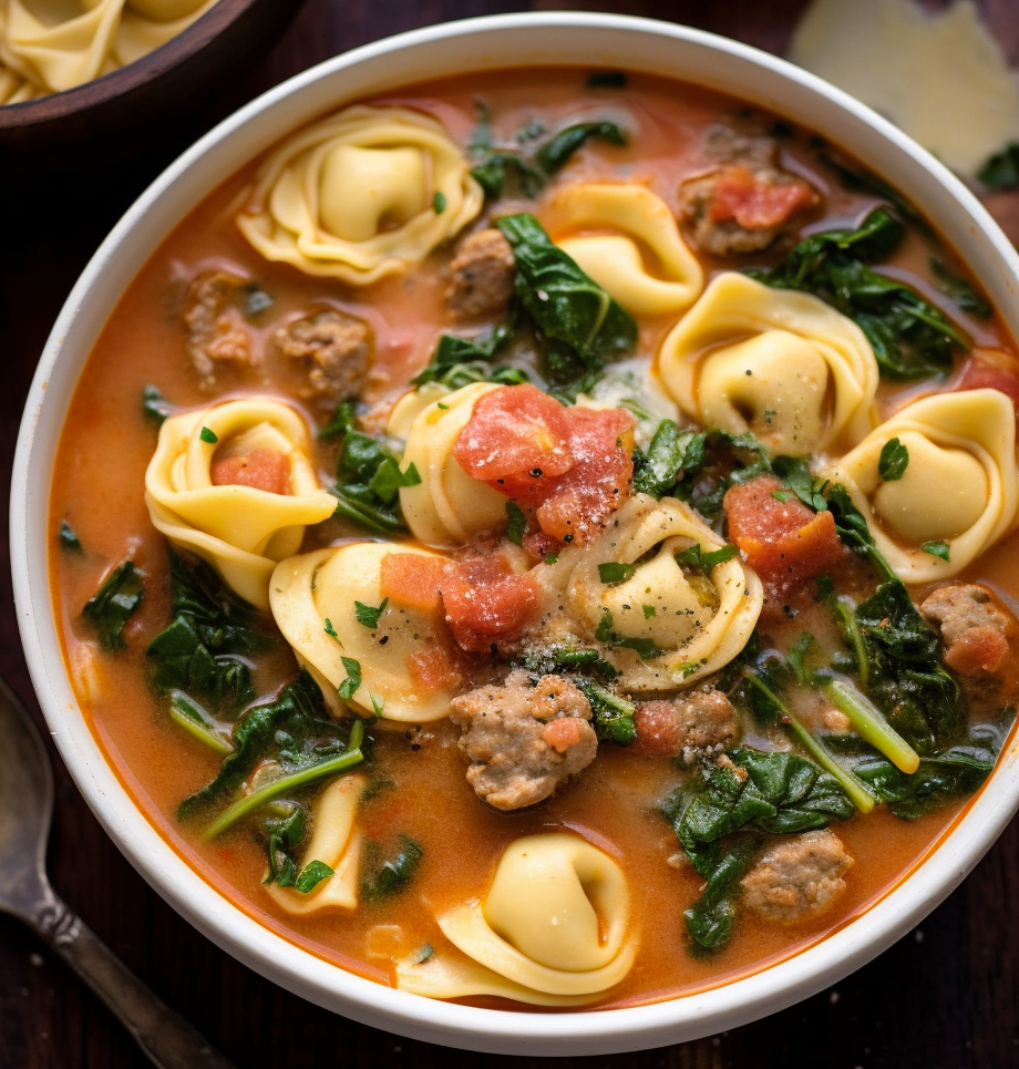A bowl of sausage tortellini soup