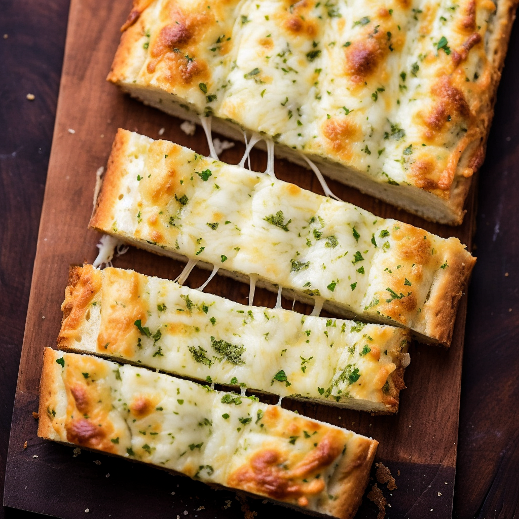 Cheesy Garlic Bread overhead, sliced on a cutting board.