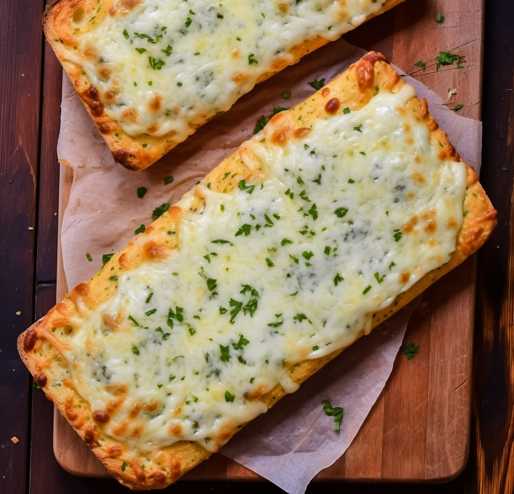 Cheesy Garlic Bread overhead on a cutting board with parchment paper.