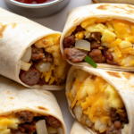 A platter of freezer breakfast burritos, cut in half, showing the fluffy eggs, browned sausage, melty cheese, and potatoes. A bowl of salsa sits off to the side.