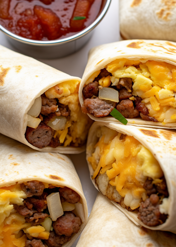 A platter of freezer breakfast burritos, cut in half, showing the fluffy eggs, browned sausage, melty cheese, and potatoes. A bowl of salsa sits off to the side.
