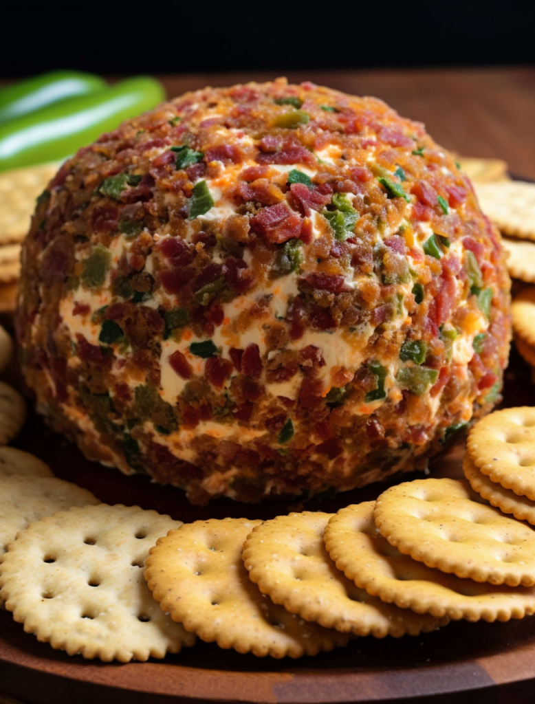  A jalapeno popper cheese ball, surrounded by crackers. 