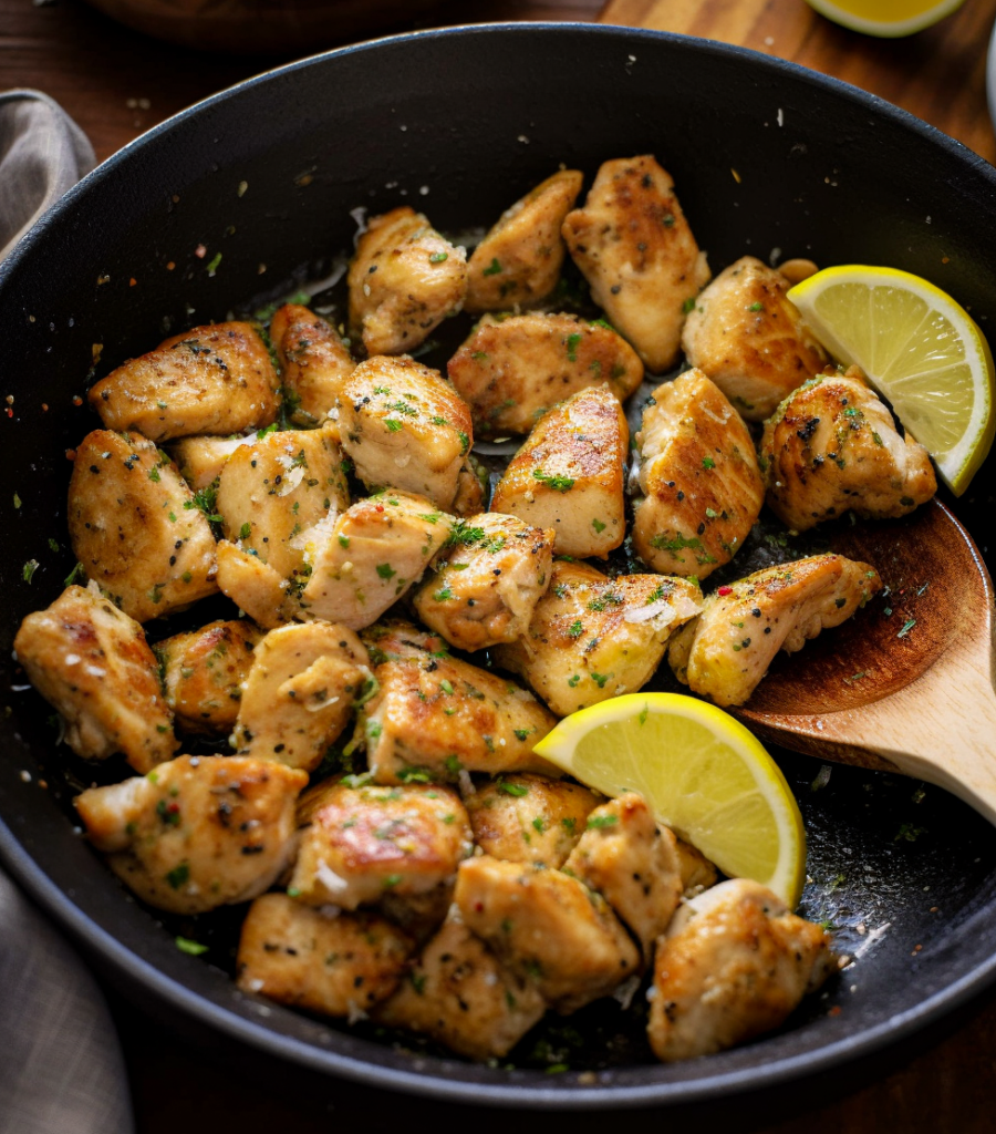 Lemon Garlic Chicken Bites in a skillet with a serving spoon.