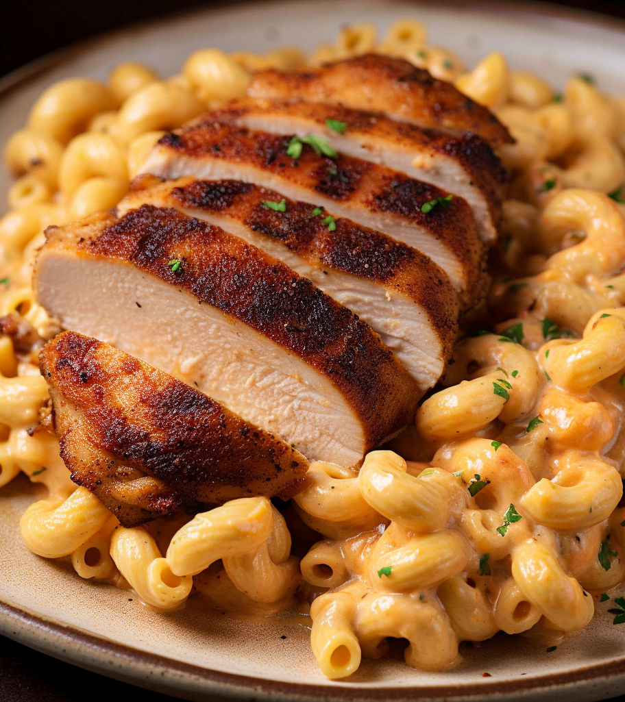 A plate of Marry Me Chicken Mac and Cheese, with sliced chicken served on top of a bed of creamy noodles.