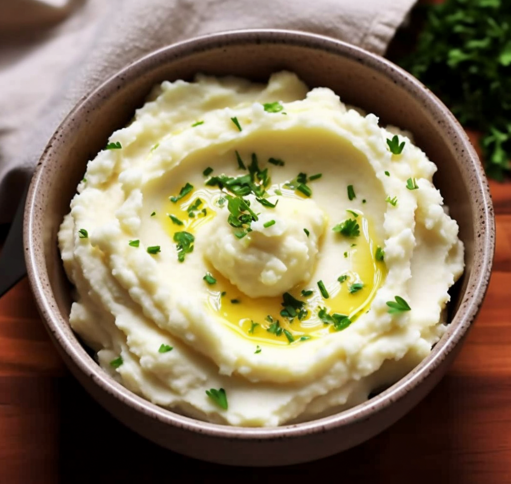An overhead image of a white bowl filled with creamy mashed potatoes and covered in melted butter.