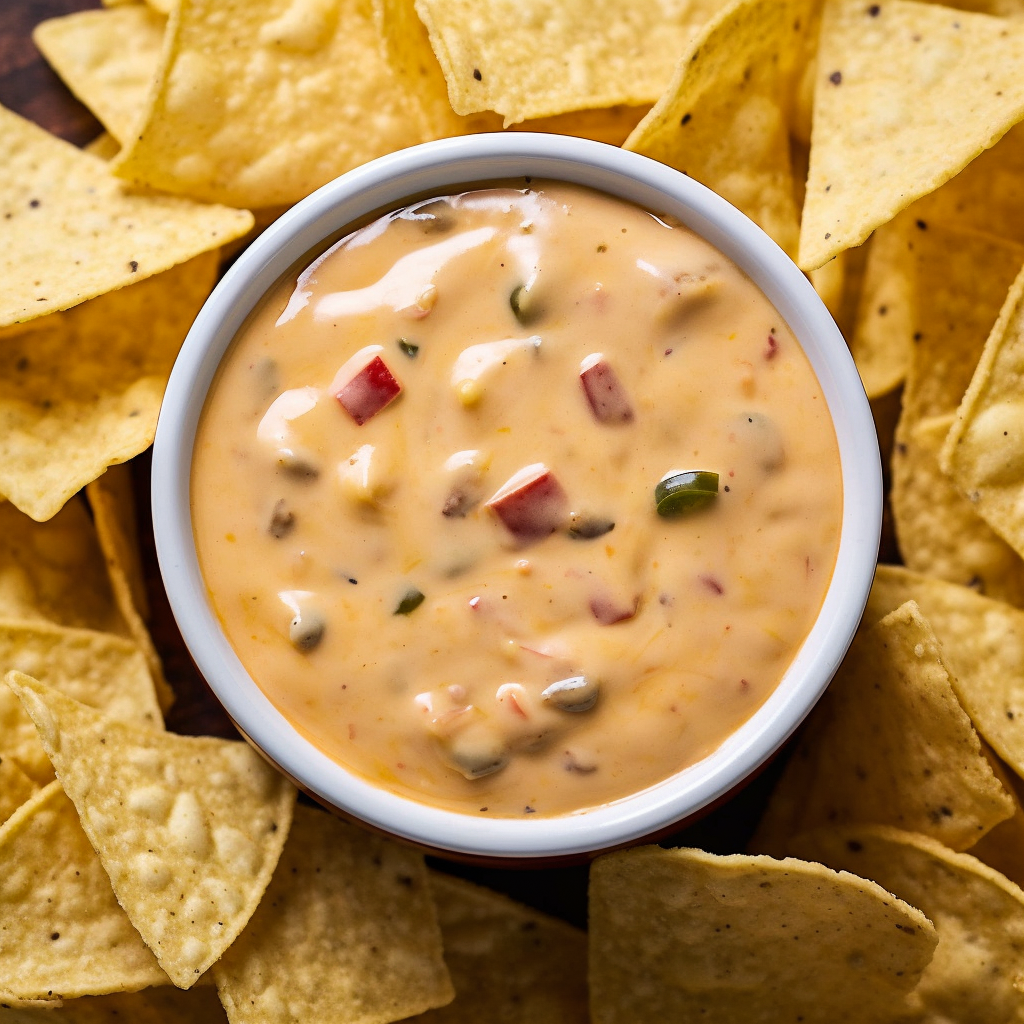 An overhead view of a small bowl of queso dip surrounded by tortilla chips.
