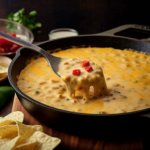 A skillet from a side view showing a spoon lifting up the cheesy queso dip.