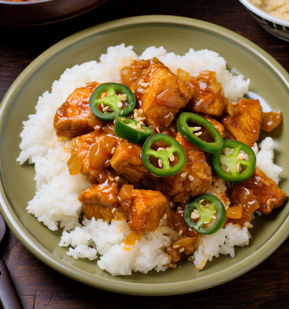 A green plate filled with rice and topped with spicy pepper chicken.