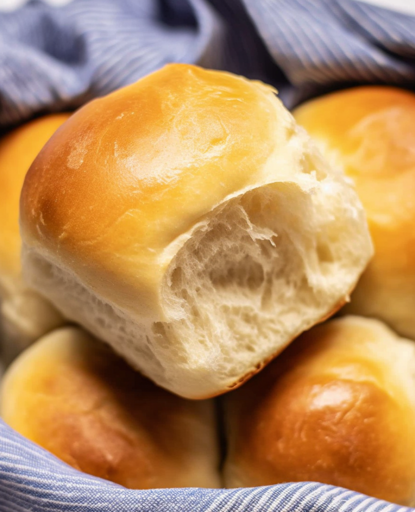A basket of Texas Roadhouse Rolls with a blue kitchen towel.