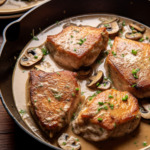 A skillet with golden brown pork chops in a bed of mushroom gravy.
