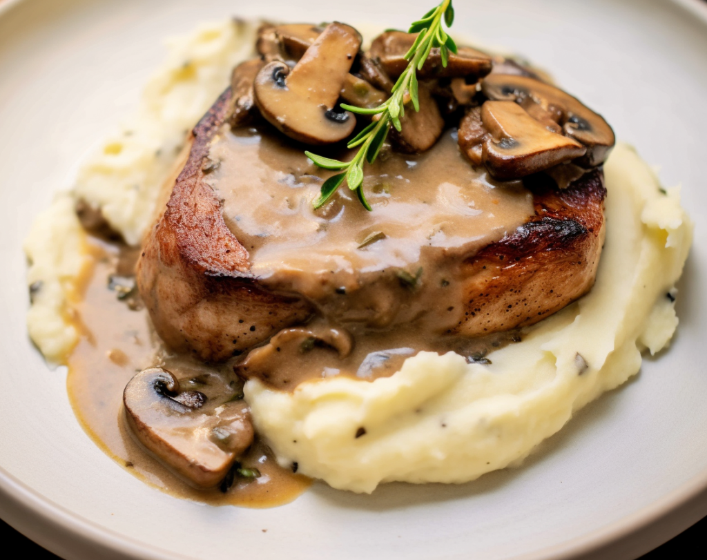 A plate of mashed potatoes topped with a golden brown pork chop and mushroom gravy.