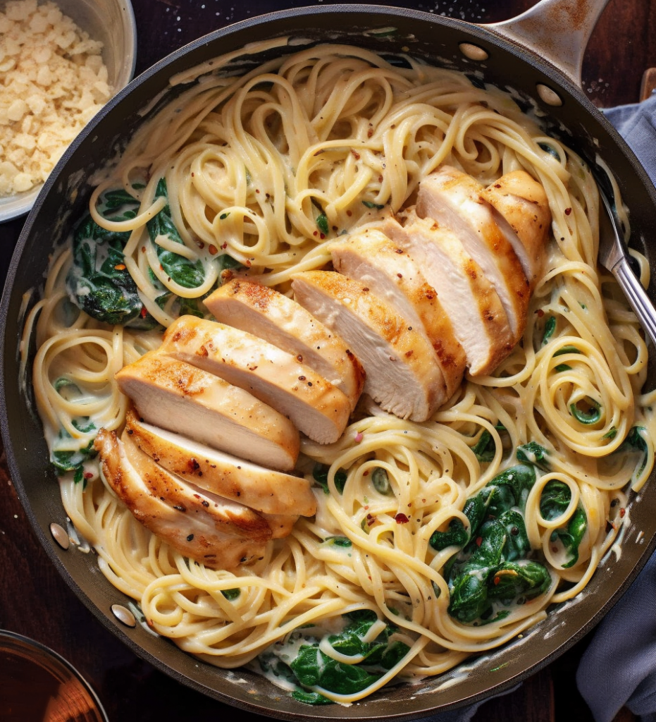 A skillet filled with grilled chicken over creamy asiago and spinach pasta.