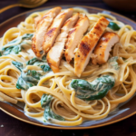 A plate filled with creamy asiago and spinach pasta and topped with chicken.