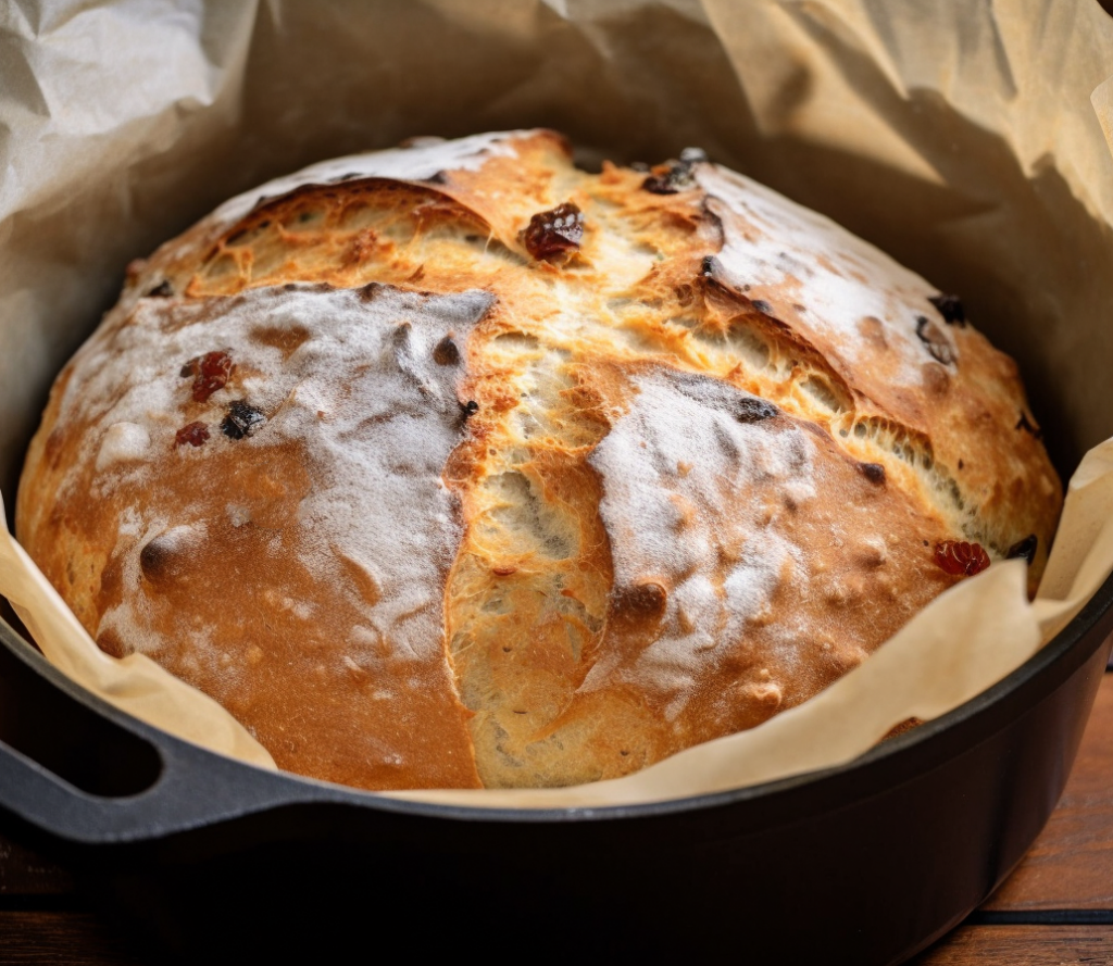 A loaf of rustic sun dried tomato bread in a black dutch oven with brown parchment paper.