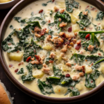 An image of a wooden bowl filled with zuppa toscana.