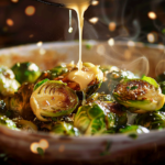 Brown Butter Roasted Brussel Sprouts in a bowl, more browned butter is being poured over the top.