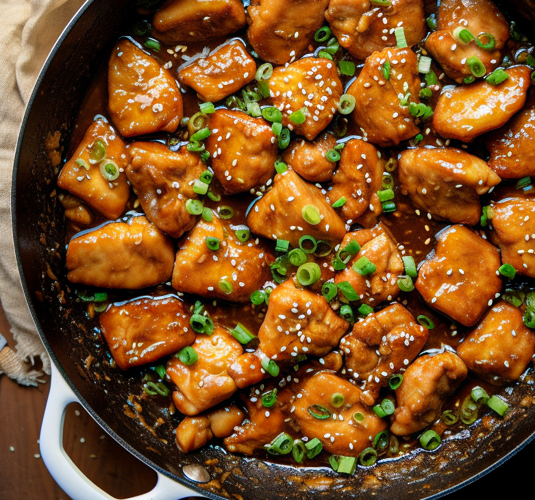 A skillet filed with honey garlic chicken bites, topped with sesame seeds and scallions.