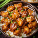 A brown bowl of white rice topped with honey garlic chicken, sesame seeds, and scallions.