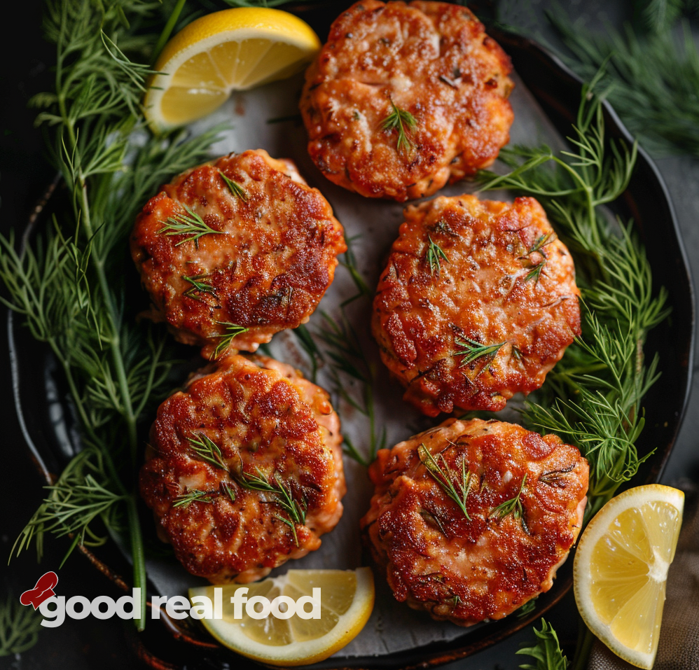 a platter of salmon patties with fresh mint and lemon, overhead view.