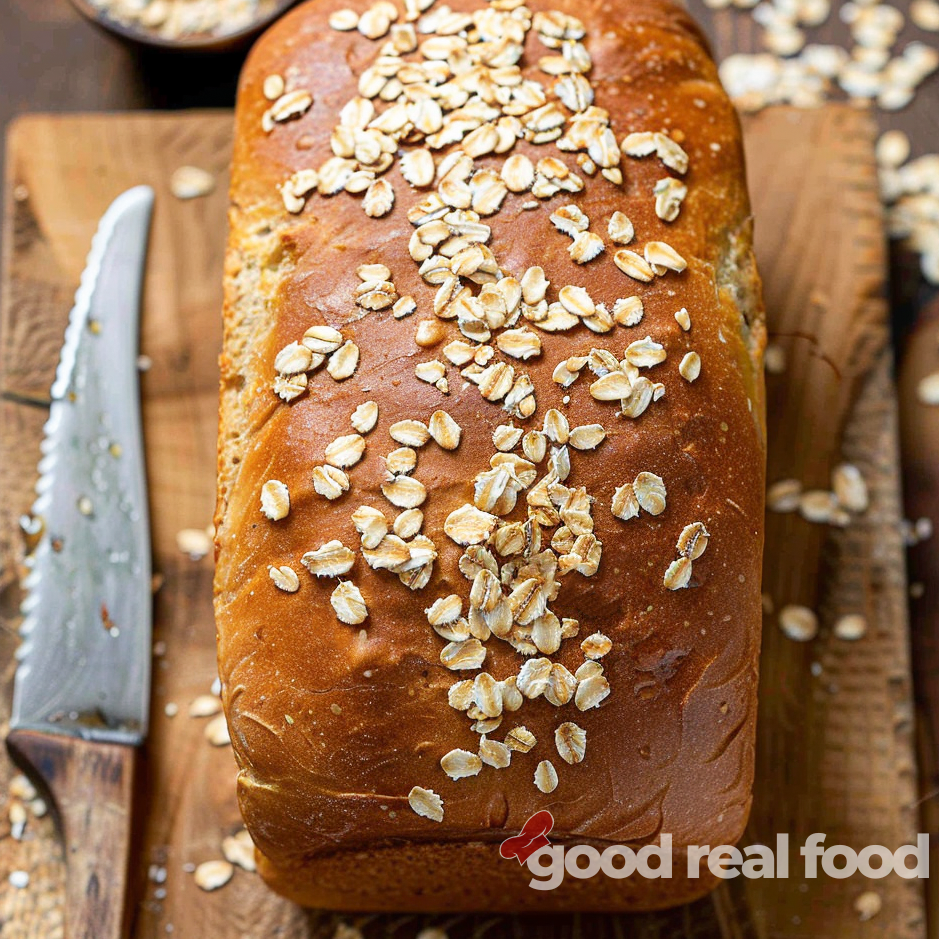 A loaf of honey oat bread on a wooden cutting board