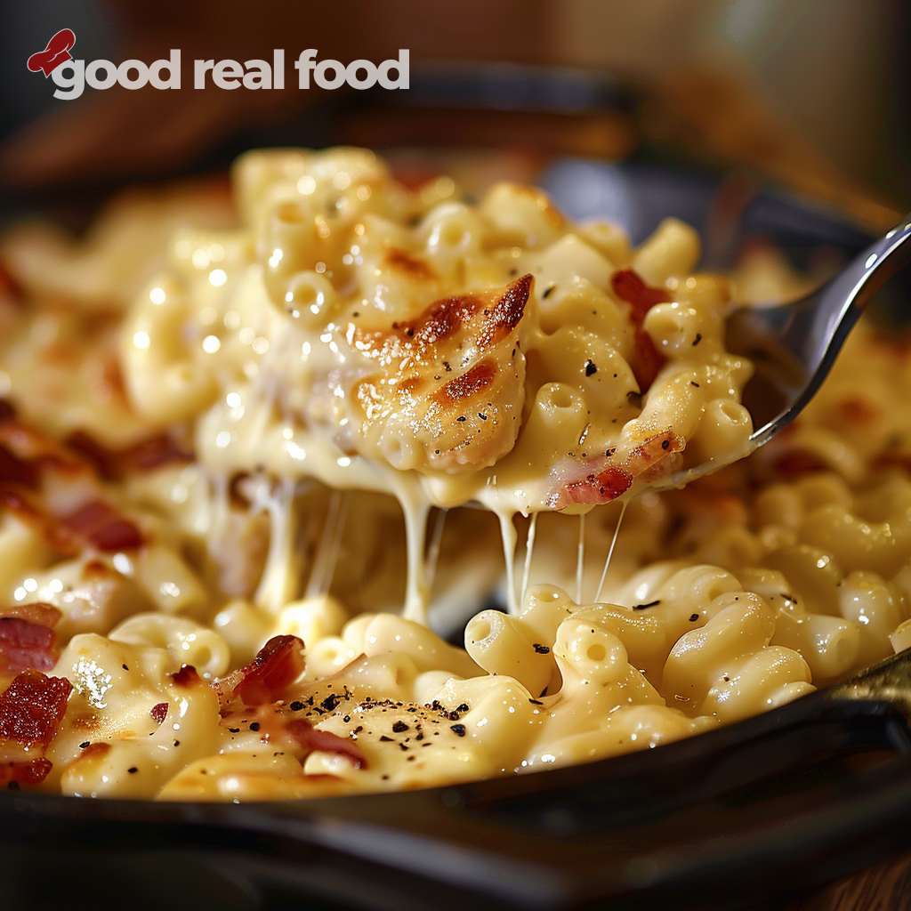A spoon lifts up a serving of chicken bacon ranch macaroni and cheese from a skillet.