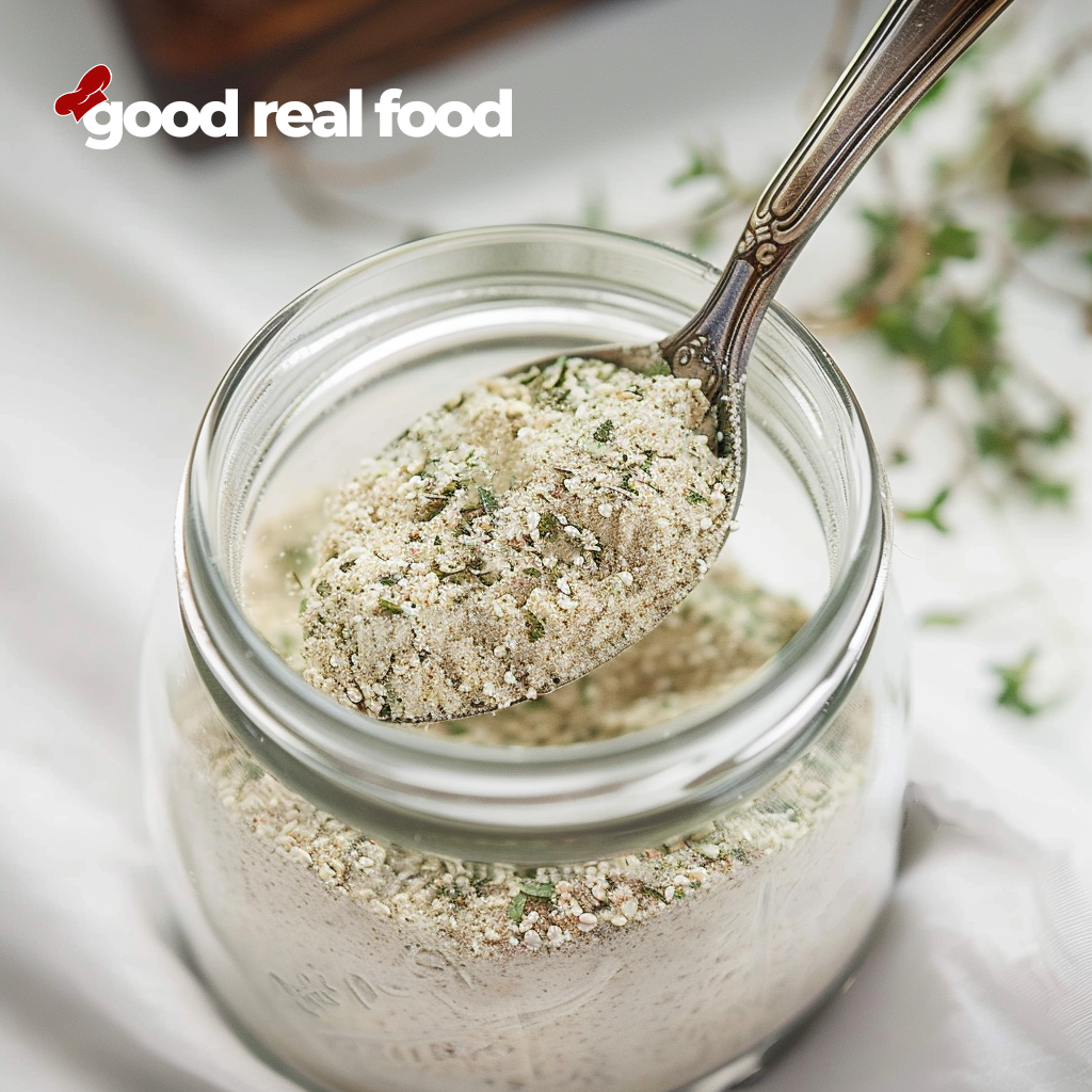 A jar filled with dry ranch seasoning, a spoon is lifting some out of the jar.