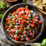A bowl filled with pico de gallo, chips and fresh vegetables are in the background.