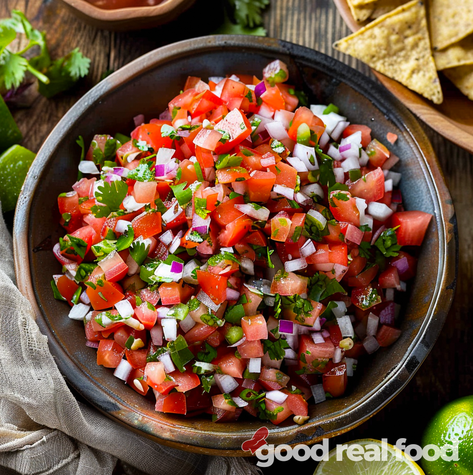 A bowl filled with pico de gallo, chips and fresh vegetables are in the background. 