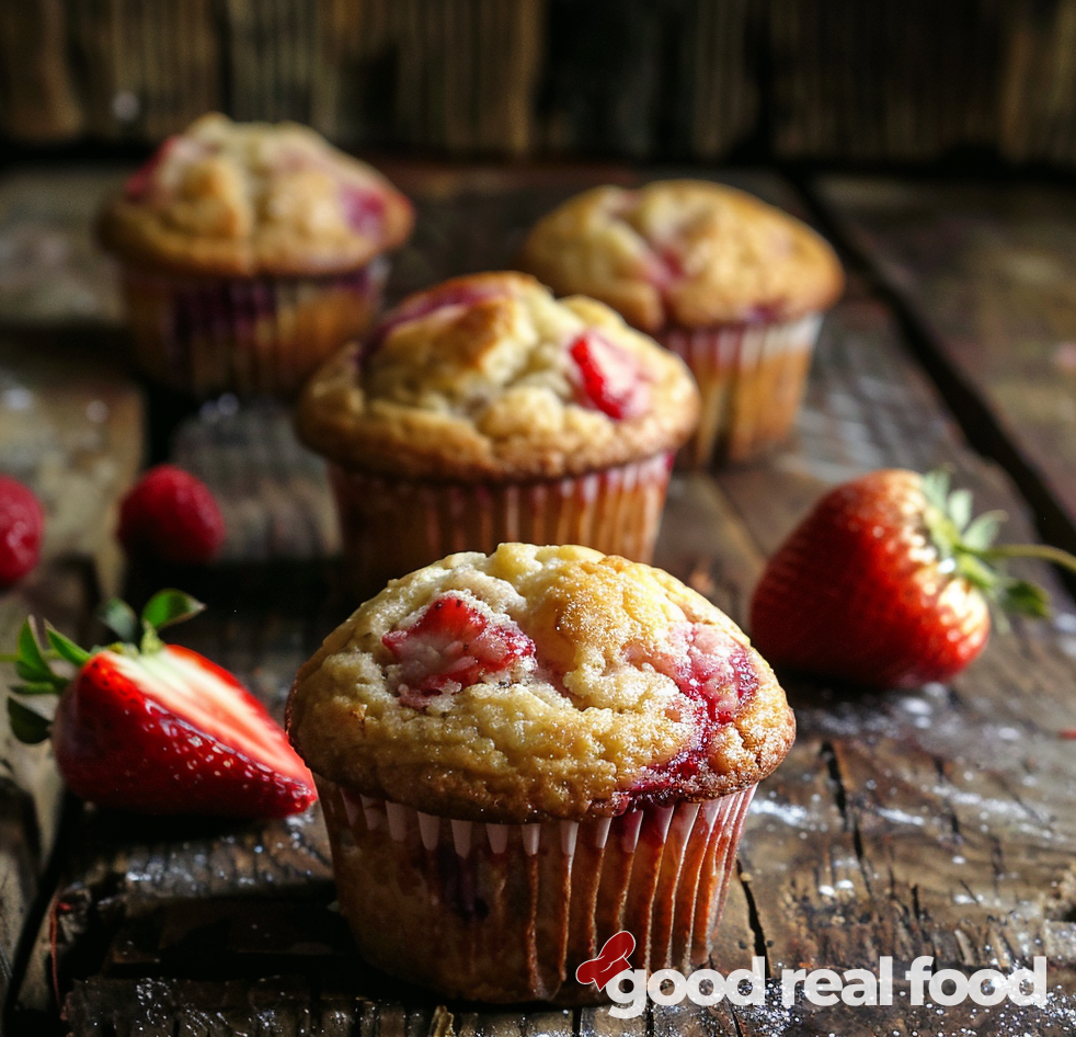 Fresh Strawberry muffins on a wooden cutting board, with fresh strawberries scattered.