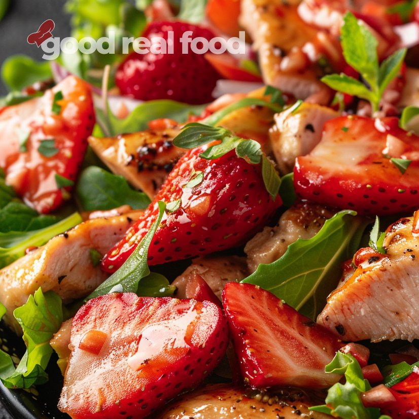 A close up of strawberry chicken salad.