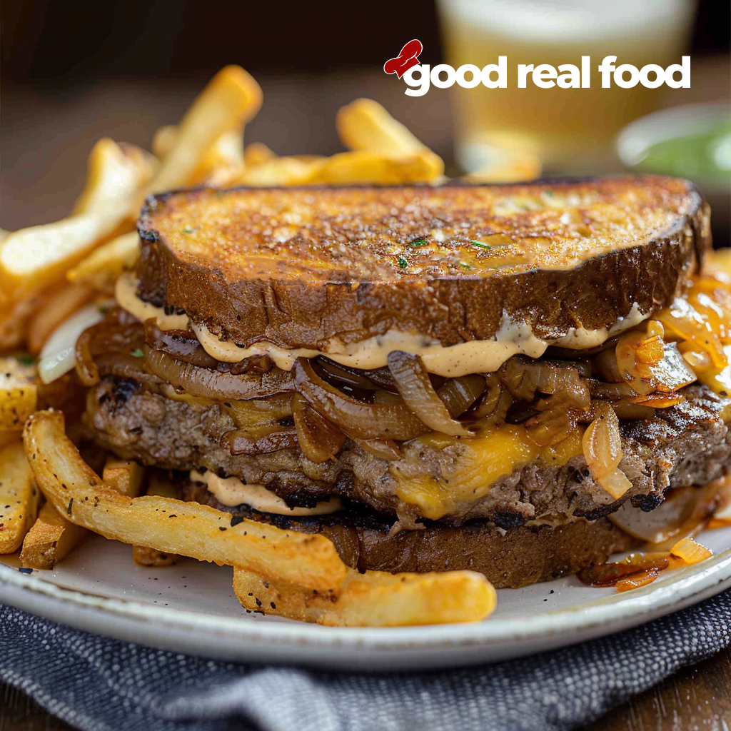 A patty melt on a plate with french fries.