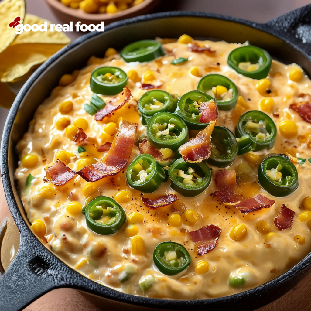 A skillet filled with jalapeno corn dip, surrounded by tortilla chips.