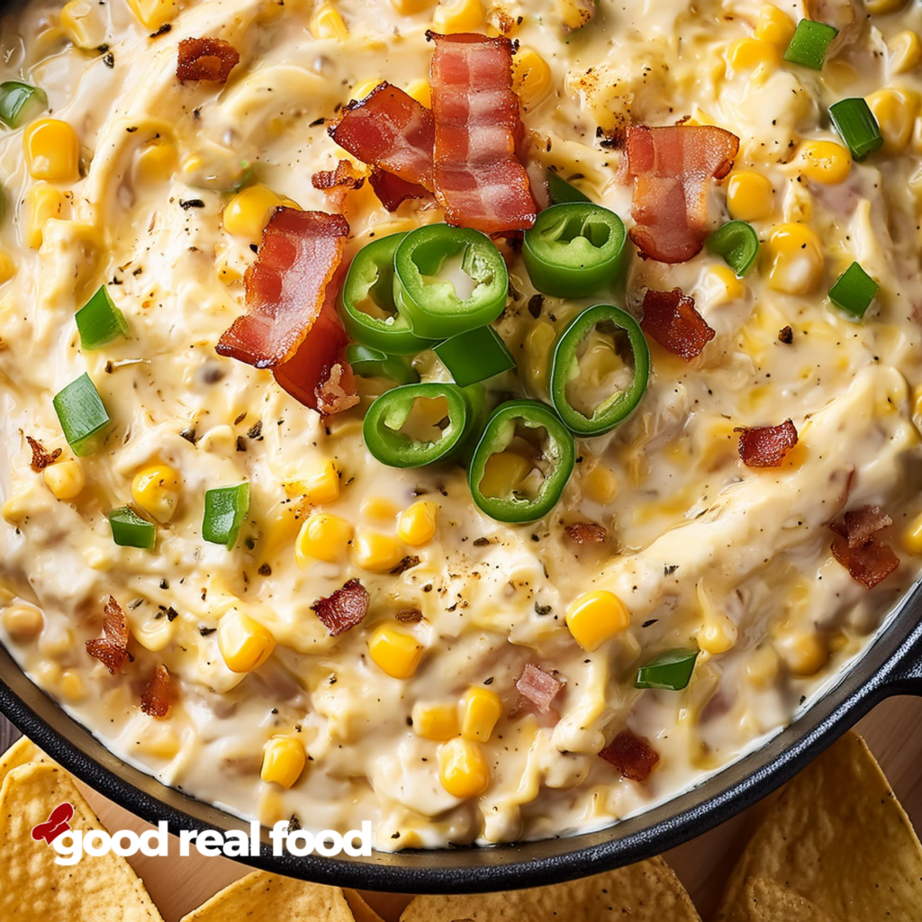 A skillet filled with jalapeno corn dip, surrounded by tortilla chips.