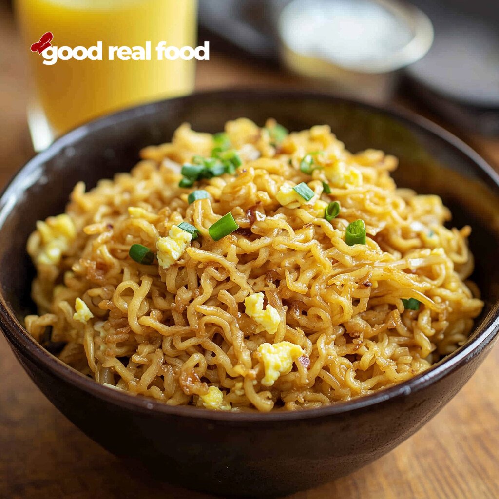 A bowl of easy ramen on a wooden surface.