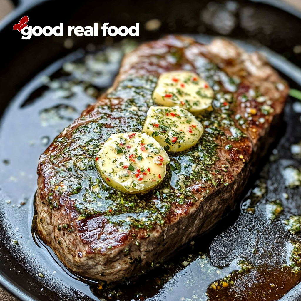 a steak topped with cowboy butter in a skillet.