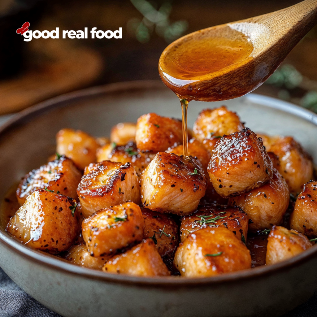 Honey is being drizzled over the top of the salmon bites