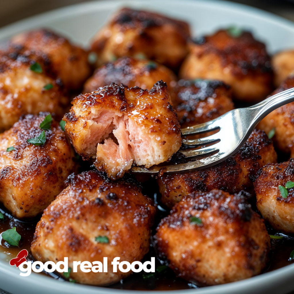 Hot Honey Salmon Bites in a bowl. A fork is picking up one of the bites.