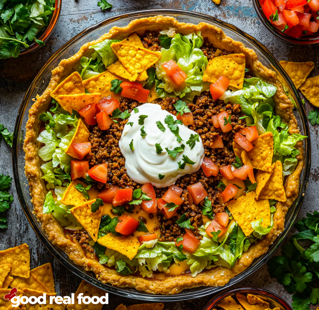 a dorito taco pie in a pie plate.