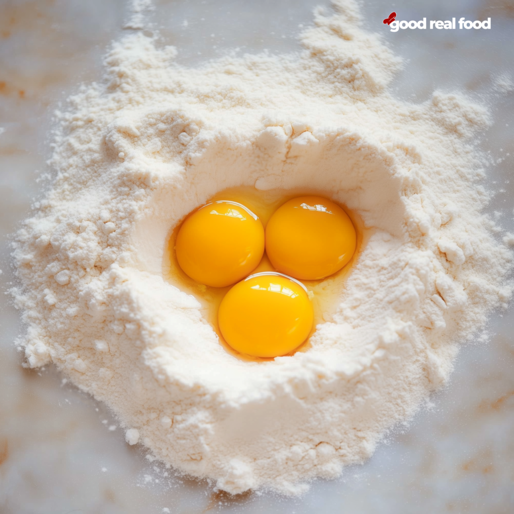 flour and eggs ready for making noodles.