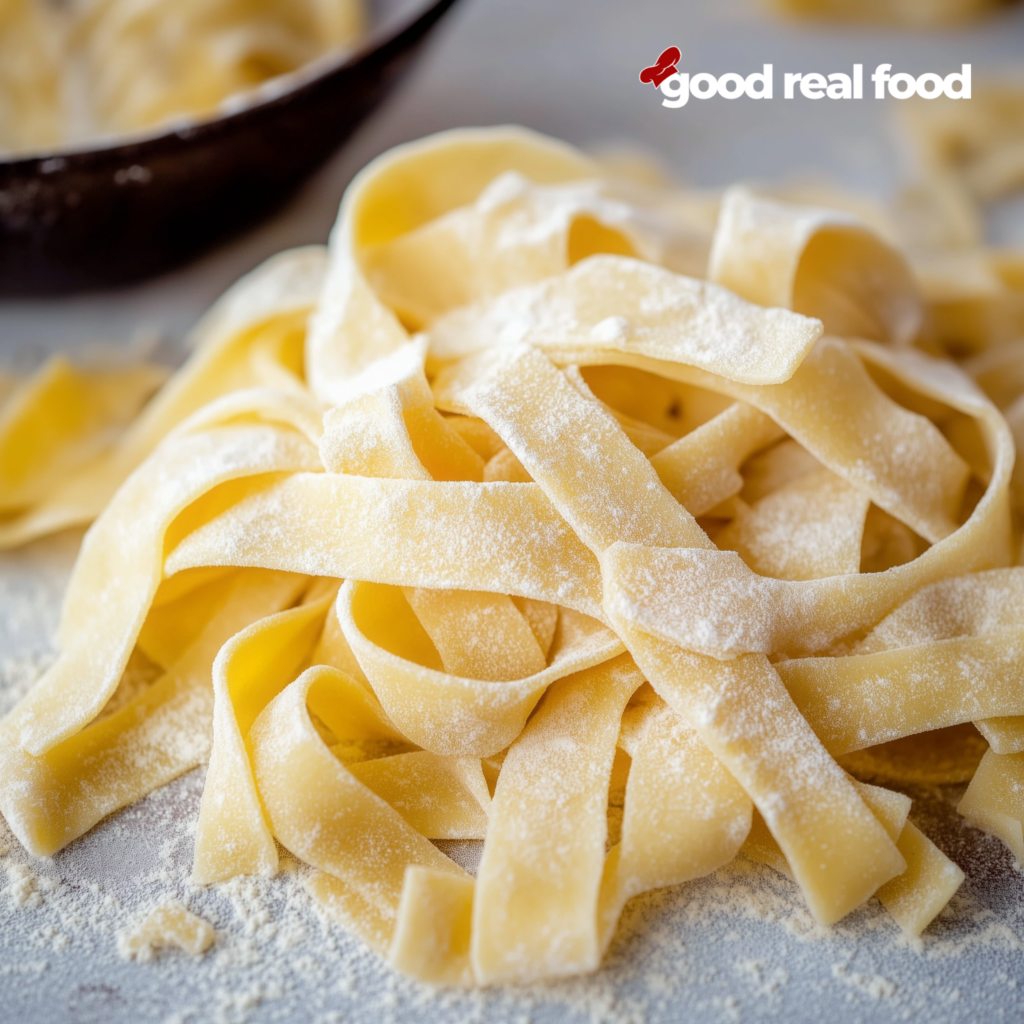 uncooked egg noodles on a floured surface